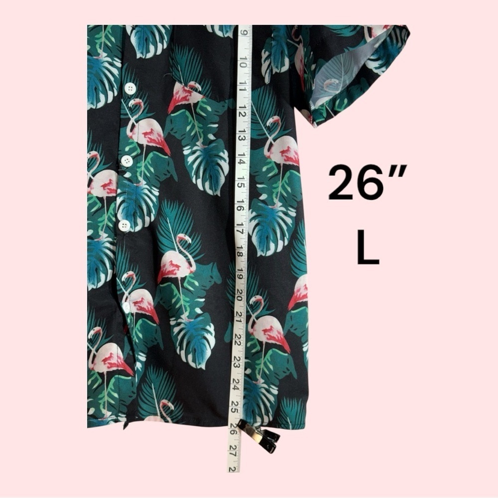 SHEIN Hawaiian Print Button Down Shirt Black with Pink Flamingos Size Small - Picture 2 of 6